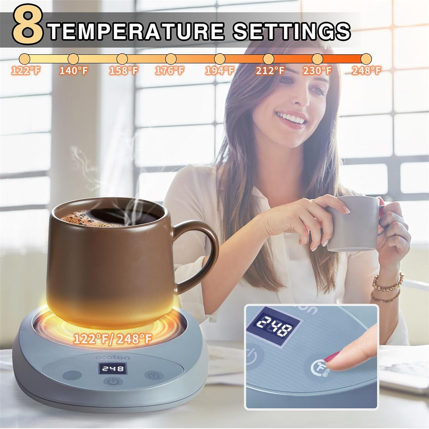 Oroton Mug Warmer for Coffee and Tea, Auto Shut Off,4.3 Inch Large Heated Plate,8 Temperature Settings, 1-8 Hour Timer Settings, Smart Coffee Warmer Plate Milk Tea Water(Grey)