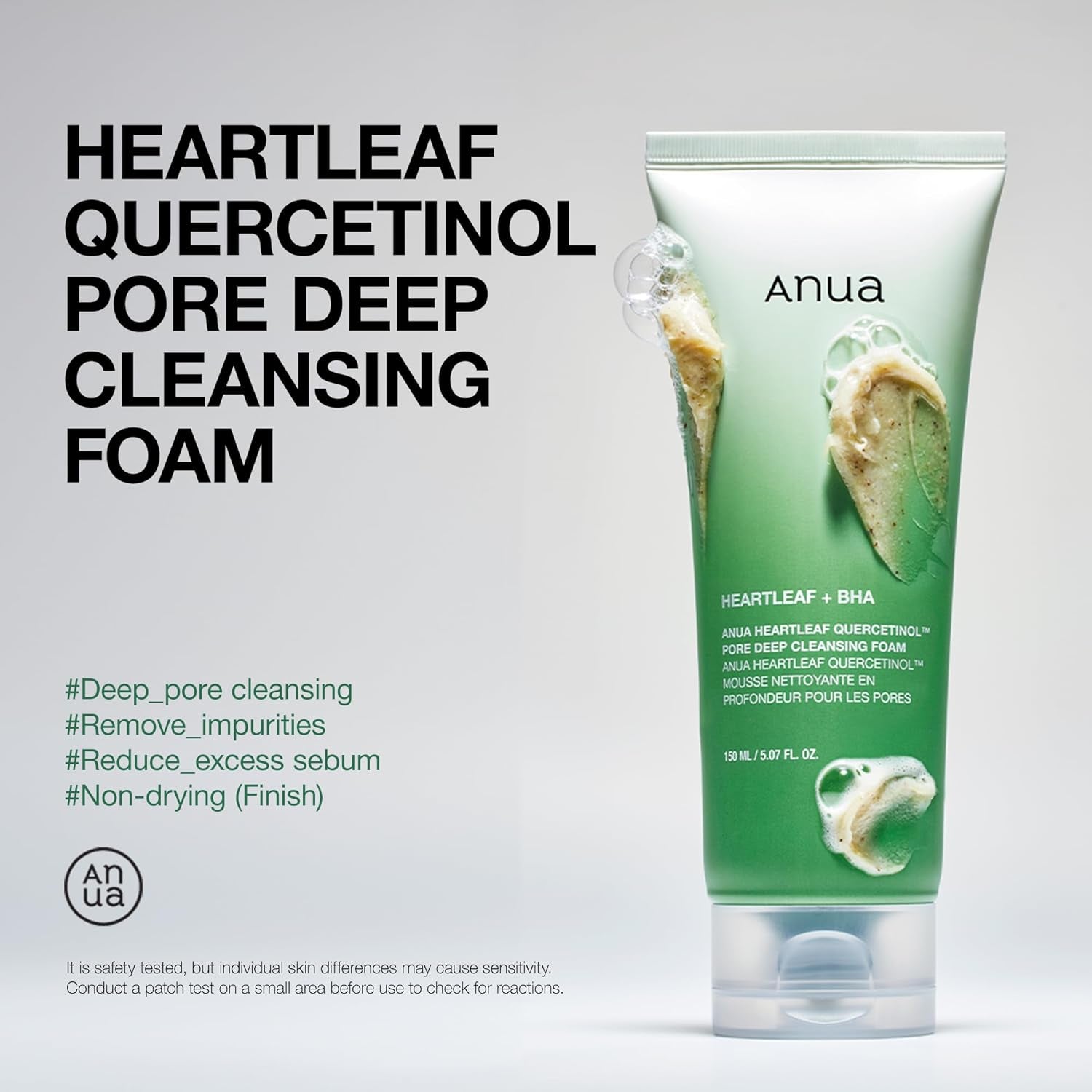 ANUA Heartleaf Quercetinol Pore Deep Cleansing Foam, Facial Cleanser, for Double Cleansing, BHA, Hyaluronic Acid, Glycerin, Face Wash, Blackhead Remover, Korean Skincare (150Ml/5.07 Fl.Oz.)