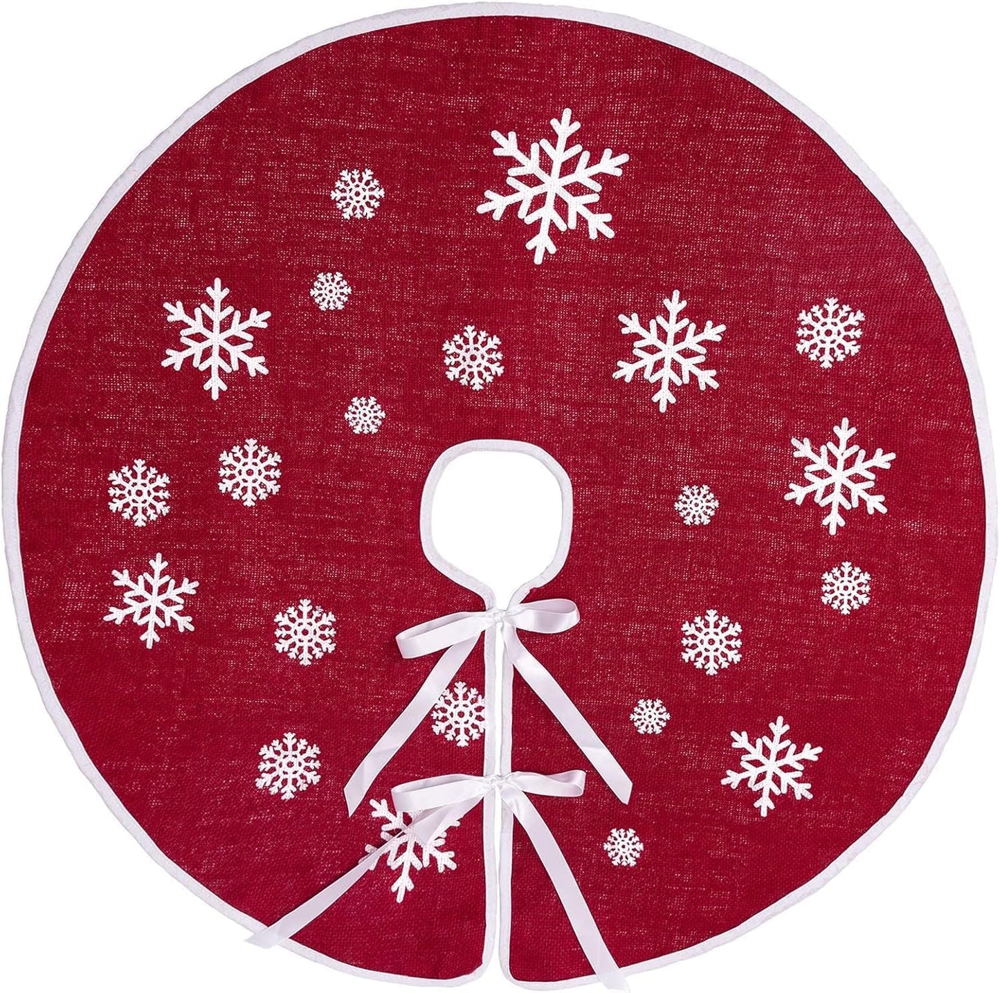 N&T NIETING Christmas Small Tree Skirt, 24 Inch Red Burlap Tree Mat with White Snowflake Printed for Xmas Tree Holiday Party Home Indoor Farmhouse Winter Decorations