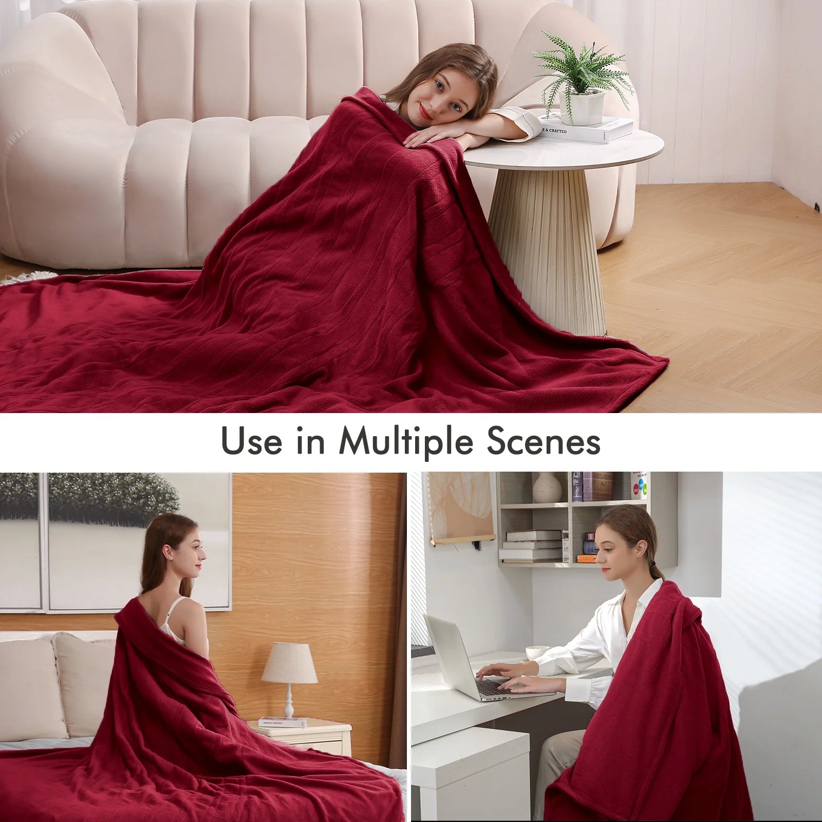 Electric Heated Blanket Polar Fleece Full Size 72''X 84'' with 6 Heating Levels 10H Timer - Red