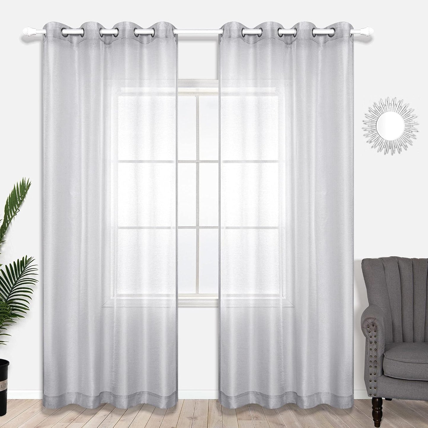 KOUFALL Silver Sheer Curtains, Luxury Curtain for Living Room Bedroom, Light Grey Grommet Backdrop Curtains for Party, 52 X 84 Inch Length, 2 Panels Set, Gray