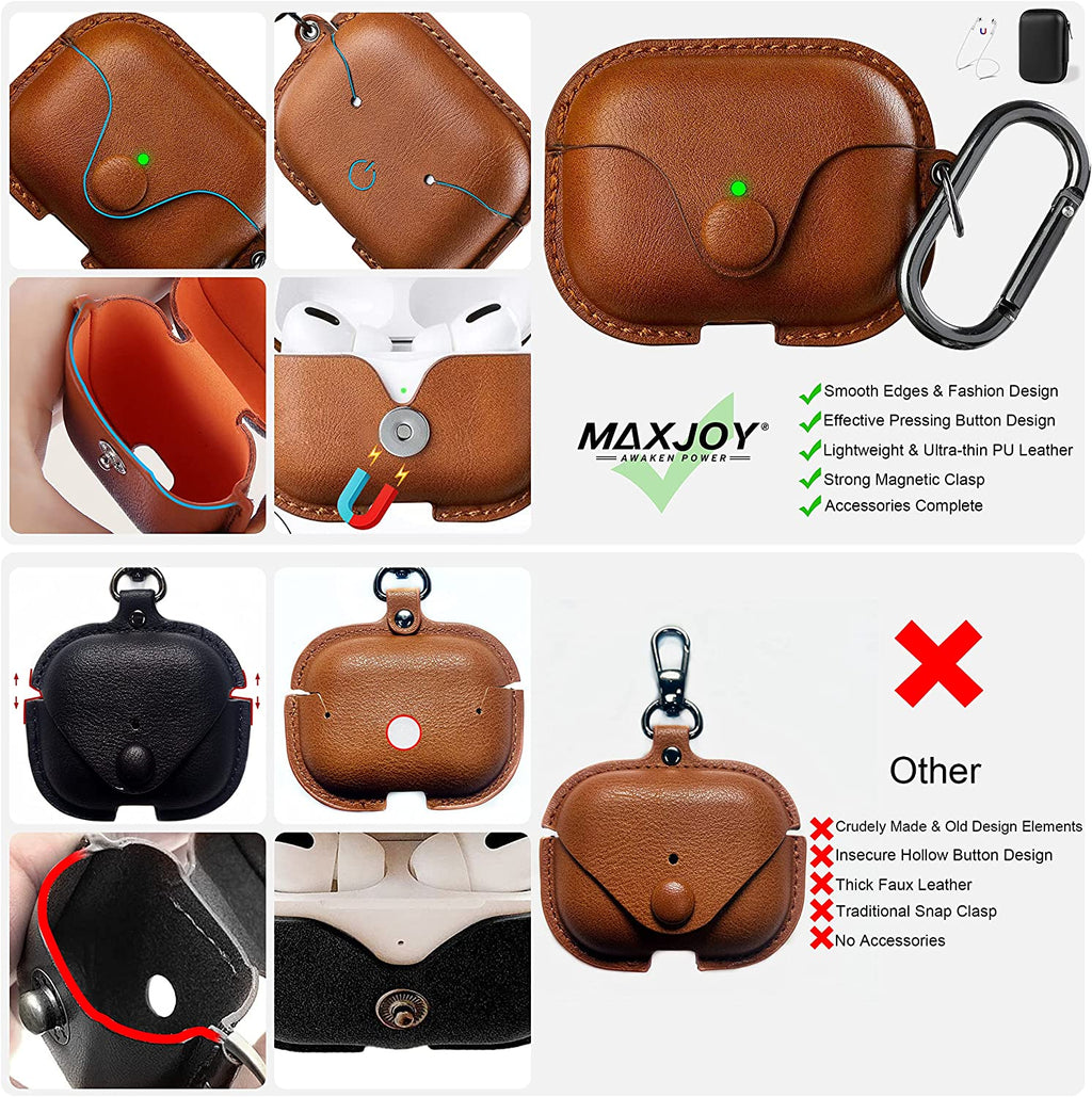 Maxjoy for Airpods Pro 2 Case Leather, Airpods Pro Leather Case Cover with Keychain Airpod Strap Compatible with Apple Airpod Pros 2Nd Generation 2023 2022/Airpods Pros 2019 (Front LED Visible), Brown