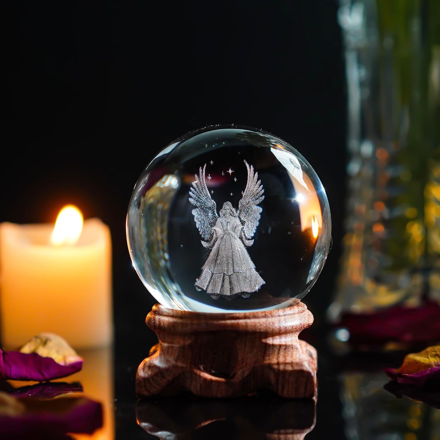 HDCRYSTALGIFTS 3D Angel Figurines Crystal Ball 60Mm Laser Engraved Paperweight Glass Guardian Angel Full Sphere Home Art Decor Gift Crafts(Clear)