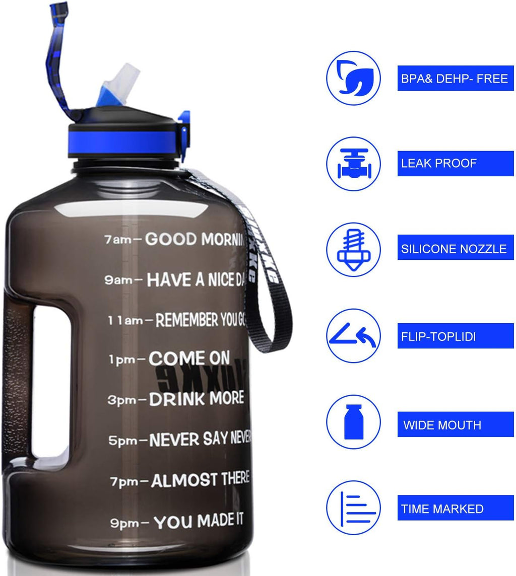 1 Gallon Motivational Sports Water Bottle with Time Marker, BPA Free 128Oz Leak Proof Jug, Black, Plastic, 128 Ounces, Fitness, Sports, Outdoor Activities