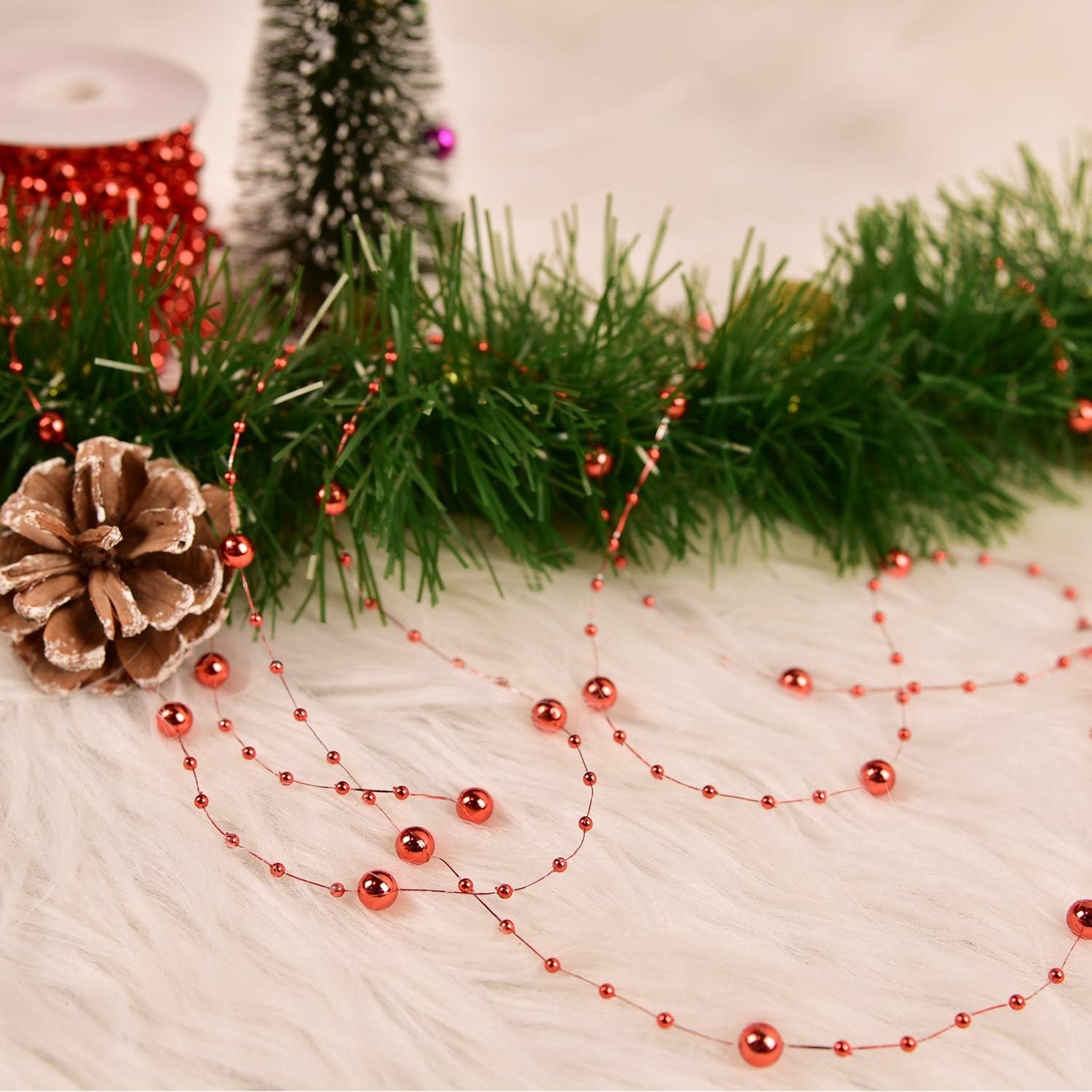 66 Feet Christmas Tree Beads Garland, Fishing Line Artificial Pearls Beads String Roll Chain Faux Pearl Beaded Trims for Wedding Christmas and Holiday DIY Supplies(1-Pack)