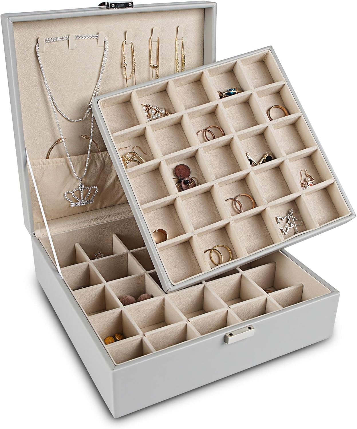 Frebeauty Earring Organizer Classic Jewelry Box 50 Slots Double Layer Jewelry Storage Case with 6 Necklace Hook and Bracelet Pocket(Pearl White)