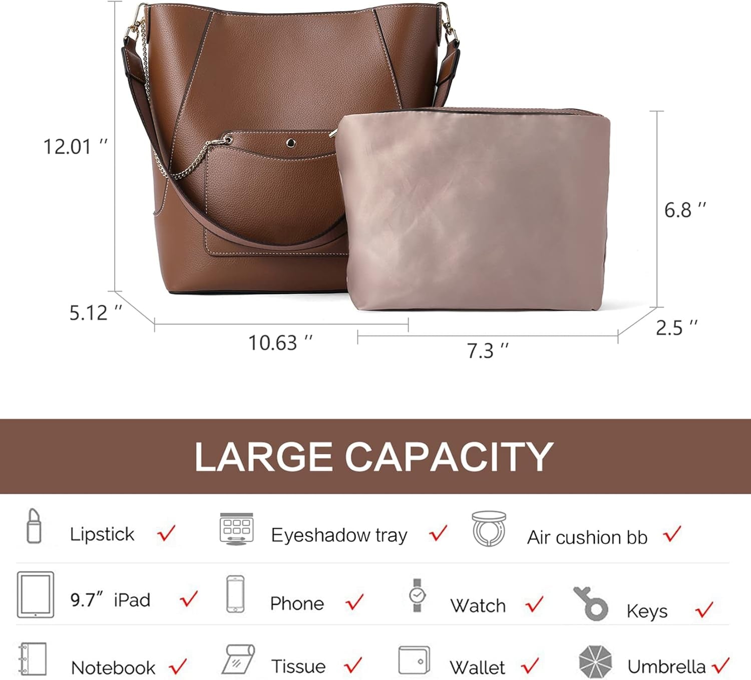 BROMEN Hobo Bags for Women Designer Handbags Vegan Leather Bucket Purse Shoulder Crossbody Bag (Z-Brown)