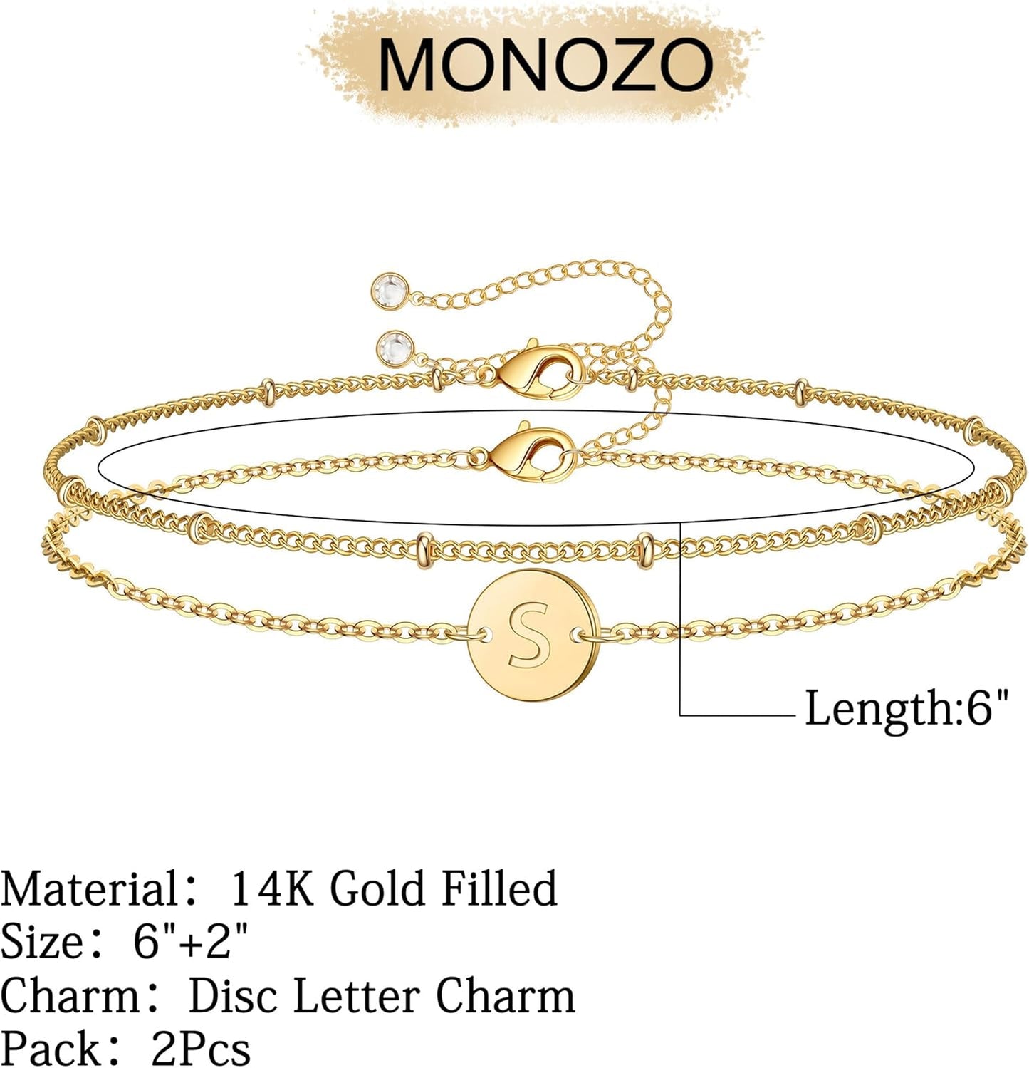 MONOZO Gold Initial Bracelets for Women Girls Jewelry Gifts - Dainty 14K Gold Plated Layered Beaded Letter Initial Bracelet 26 Alphabet Disc Monogram Charm Bracelet Jewelry Birthday Gifts for Women
