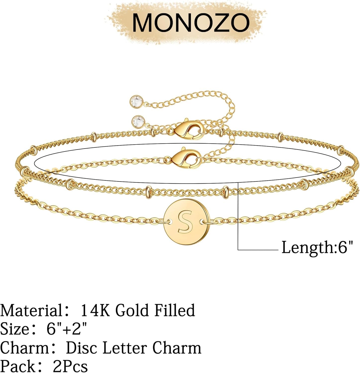MONOZO Gold Initial Bracelets for Women Girls Jewelry Gifts - Dainty 14K Gold Plated Layered Beaded Letter Initial Bracelet 26 Alphabet Disc Monogram Charm Bracelet Jewelry Birthday Gifts for Women