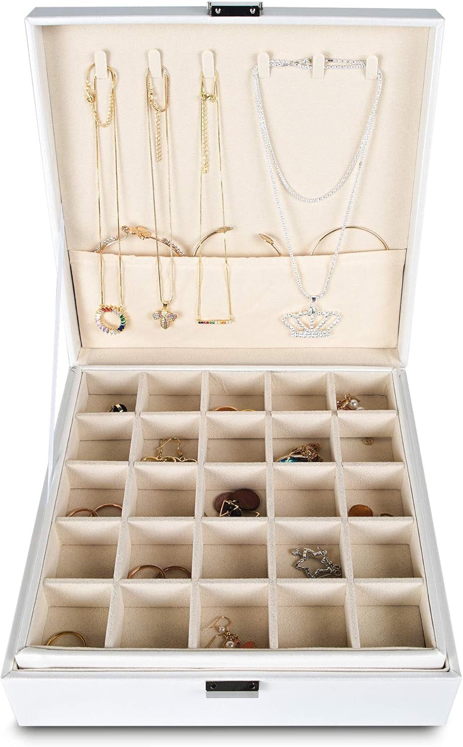 Frebeauty Earring Organizer Classic Jewelry Box 50 Slots Double Layer Jewelry Storage Case with 6 Necklace Hook and Bracelet Pocket(Pearl White)