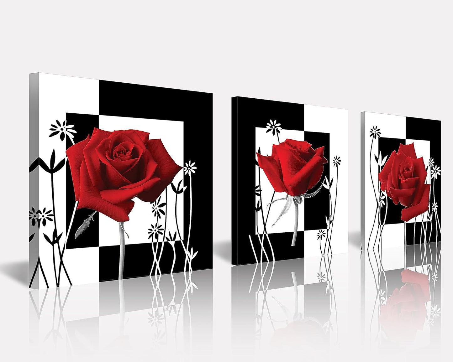 NAN Wind Canvas Print 3 Pcs Black and White Red Rose Canvas Art Painting Abstract Wall Art Decorations Flower Picture on Canvas for Home Decor Stretched and Framed (16X16Inchx3Pcs, A-Rose)