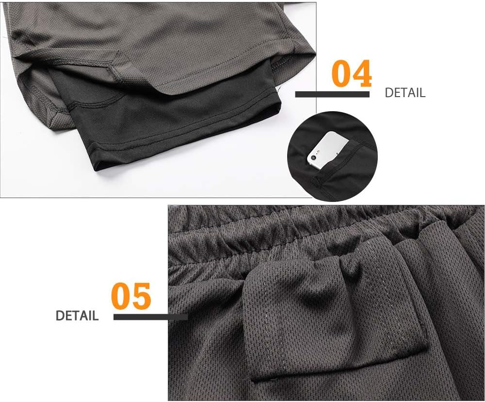 Surenow Men'S Athletic Running Shorts Quick Dry Workout Shorts 2 in 1 Shorts 5" Gym Running Shorts for Men with Phone Pocket