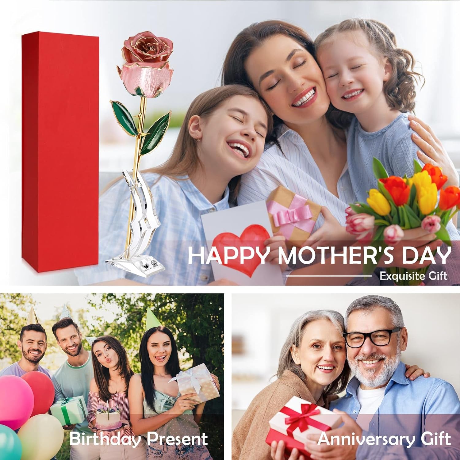 LOVCAS Birthday Gifts 24K Gold Rose, Gold Plated Rose Dipped Rose Everlasting Long Stem Real Rose, Rose Flower Gifts for Valentine'S Day/Christmas/Graduation/Best for Her,Mom,Wife,Women