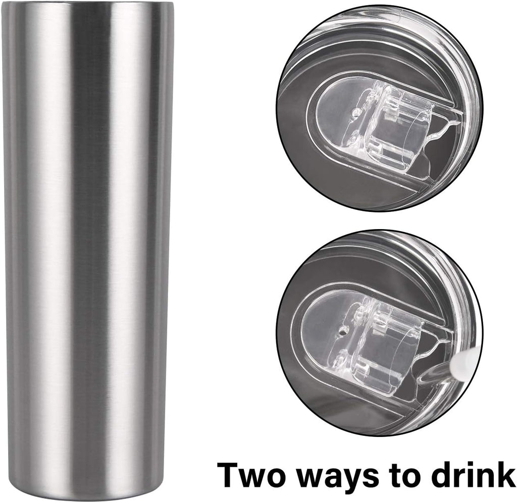 Qtencas Stainless Steel Skinny Tumbler Set, Insulated Travel Tumbler with Closed Lid Straw, Skinny Insulated Tumbler, 20 Oz Slim Water Tumbler Cup for Coffee Water Hot Cold Drinks, Set of 4, Silver