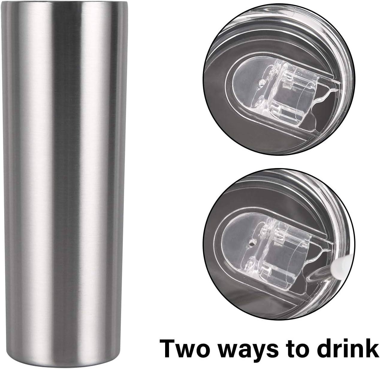 Qtencas Stainless Steel Skinny Tumbler Set, Insulated Travel Tumbler with Closed Lid Straw, Skinny Insulated Tumbler, 20 Oz Slim Water Tumbler Cup for Coffee Water Hot Cold Drinks, Set of 4, Silver