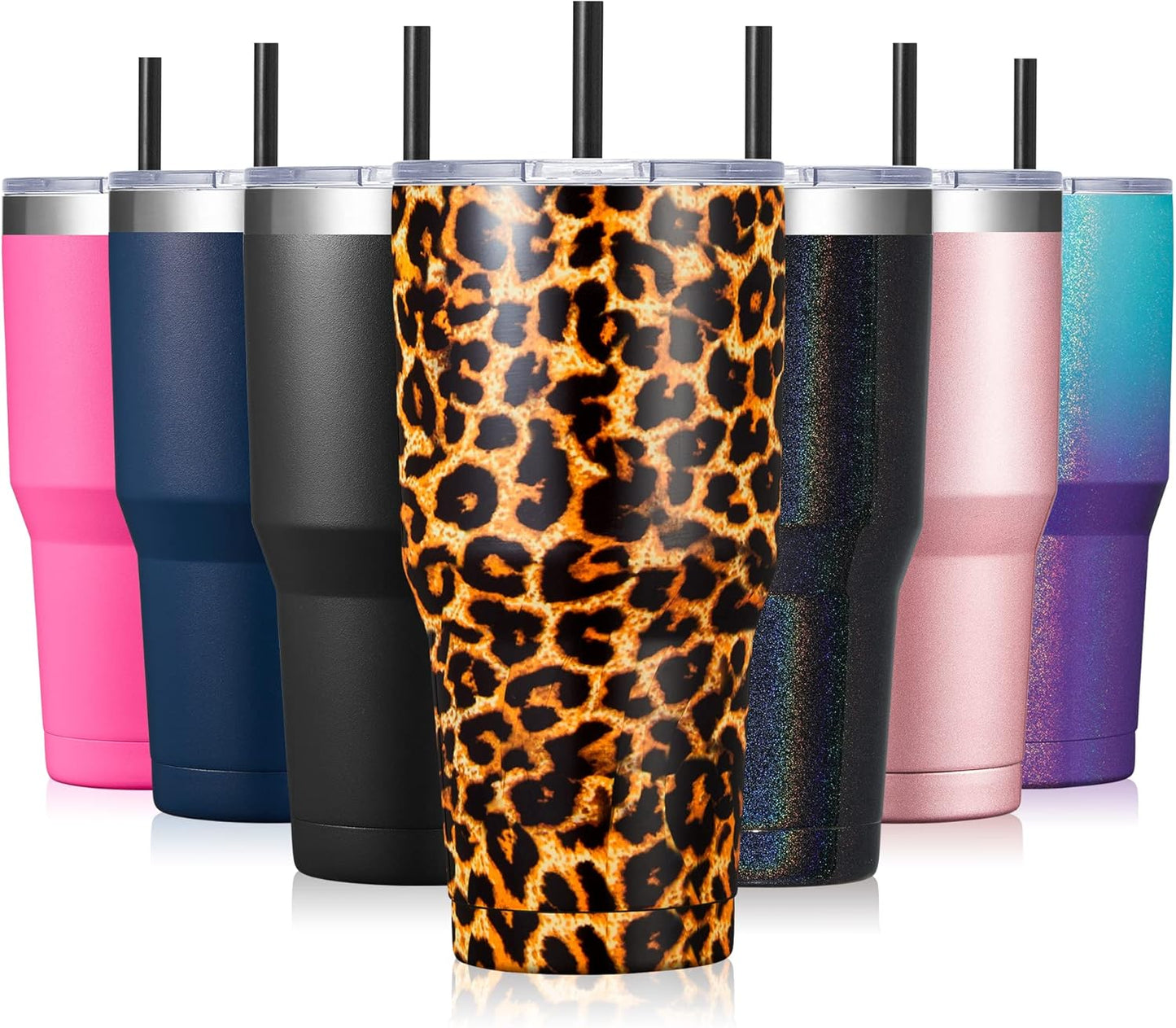 ALOUFEA 30Oz Stainless Steel Tumbler, Insulated Coffee Tumbler Cup with Lid and Straw, Double Walled Travel Coffee Mug for Hot & Cold Drinks (Leopard, 1 Pack)