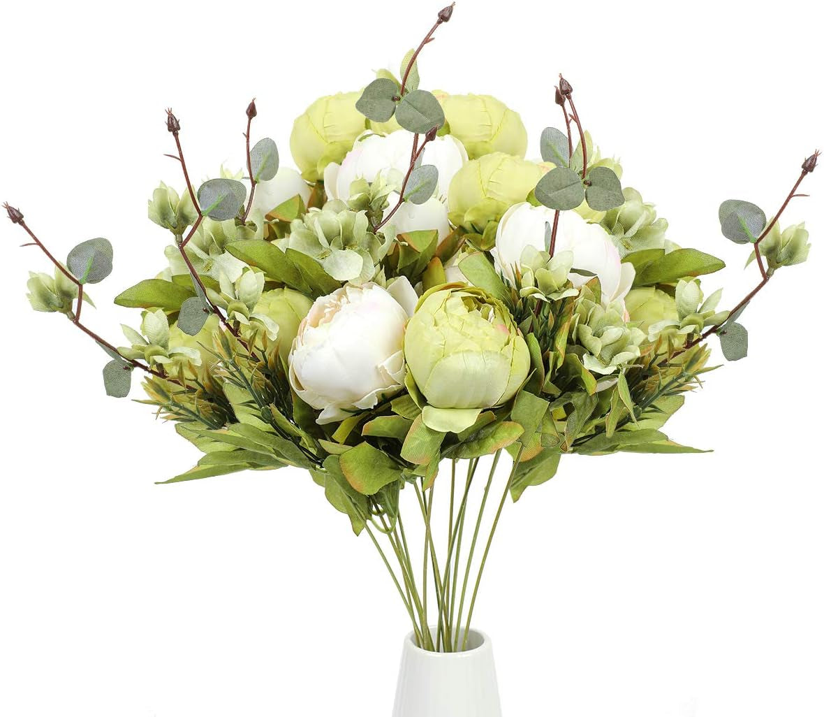Nubry 2Pcs Artificial Green Peonies Silk Flowers Bouquet Fake Spring Flower for Wedding Home Garden Party Decoration (New Green)